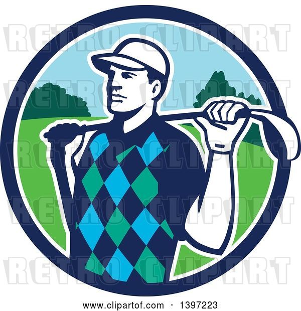 Vector Clip Art of Retro Male Golfer Stretching with a Club over His Shoulders, in a Blue White and Green Circle