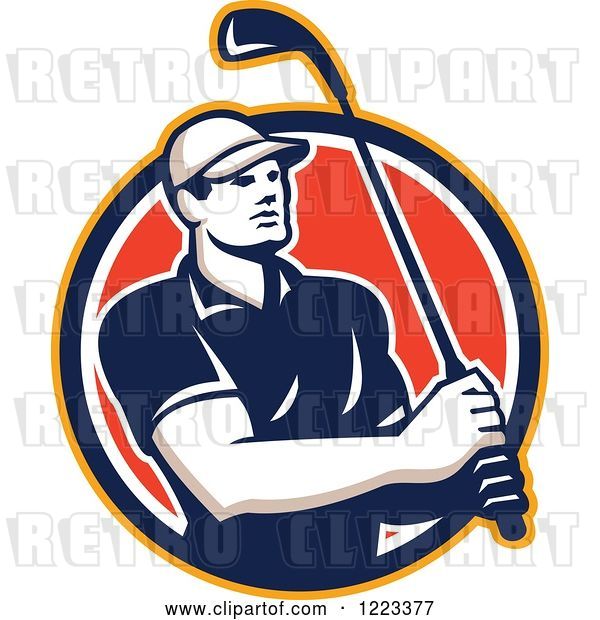 Vector Clip Art of Retro Male Golfer Swinging a Club in a Red Circle