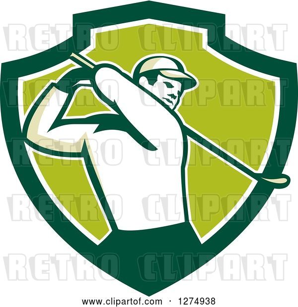 Vector Clip Art of Retro Male Golfer Swinging in a Green and White Shield