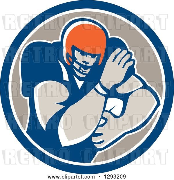 Vector Clip Art of Retro Male Gridiron American Football Player Fending with a Ball in a Blue White and Taupe Circle