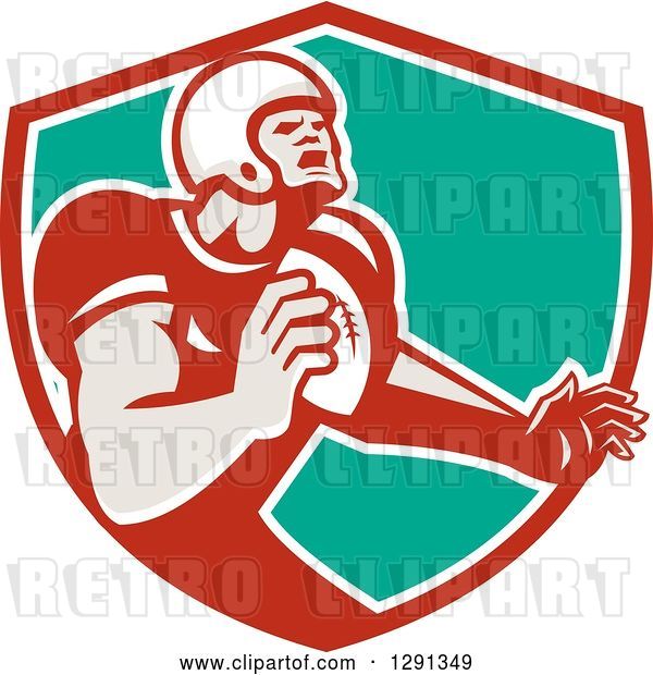 Vector Clip Art of Retro Male Gridiron American Football Player Throwing in a Red White and Turquoise Shield