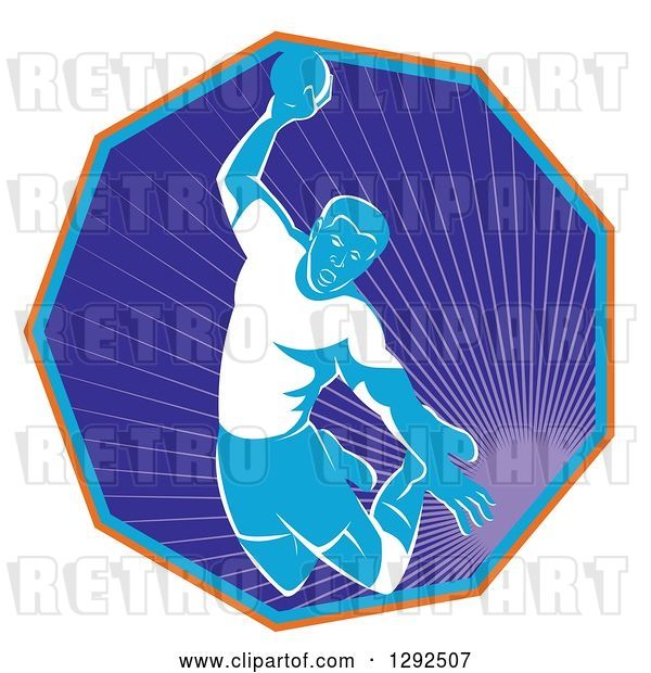 Vector Clip Art of Retro Male Handball Player Jumping and Preparing to Throw the Ball in a Hexagon of Rays