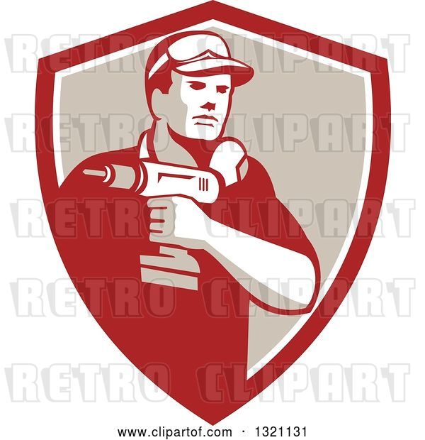 Vector Clip Art of Retro Male Handy Guy Holding a Power Drill in a Red White and Tan Shield