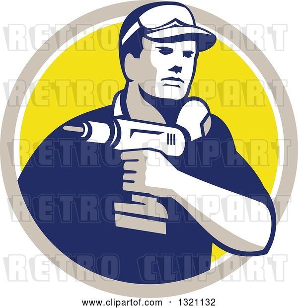 Vector Clip Art of Retro Male Handy Guy Holding a Power Drill in a Tan White and Yellow Circle
