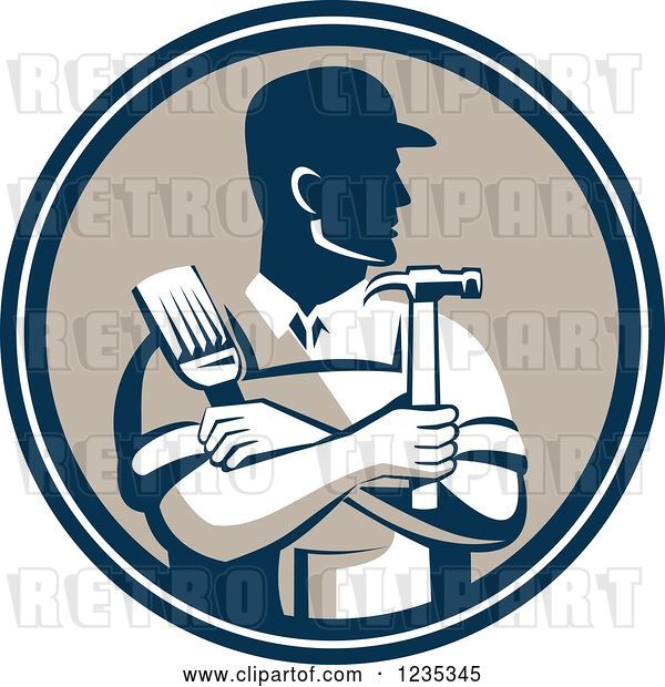Vector Clip Art of Retro Male Handyman Holding a Paintbrush and Hammer in a Circle