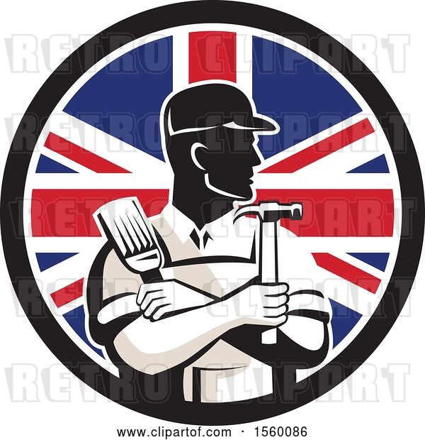 Vector Clip Art of Retro Male Handyman Holding a Paintbrush and Hammer in a Union Jack Flag Circle