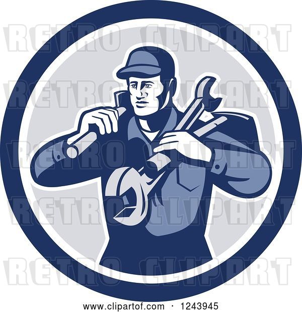 Vector Clip Art of Retro Male Handyman or Mechanic with Tools in a Circle