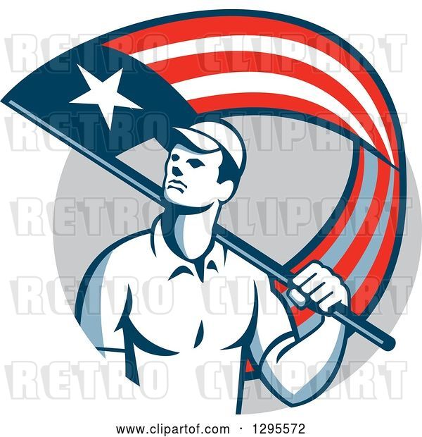 Vector Clip Art of Retro Male Handyman Walking with an American Themed Flag over His Shoulder, in a Gray Circle