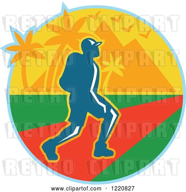 Vector Clip Art of Retro Male Hiker with Tropical Palm Trees and Mountains