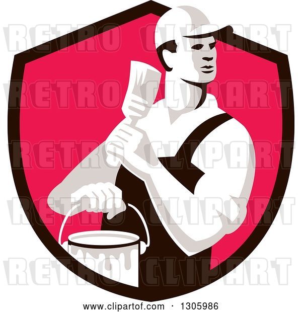 Vector Clip Art of Retro Male House Painter Holding a Brush and Bucket, Looking Back in a Black and Pink Shield