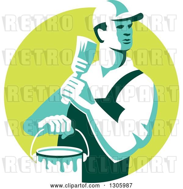 Vector Clip Art of Retro Male House Painter Holding a Brush and Bucket, Looking Back in a Green Circle