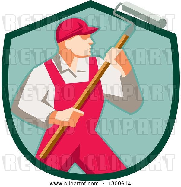Vector Clip Art of Retro Male House Painter in Red Overalls, Holding a Roller Brush in a Green Shield