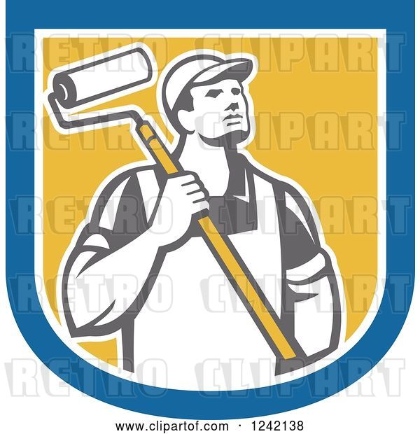 Vector Clip Art of Retro Male House Painter with a Roller Brush in a Shield