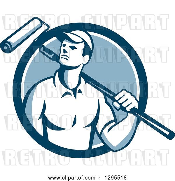 Vector Clip Art of Retro Male House Painter with a Roller Brush over His Shoulder in a Blue and White Circle