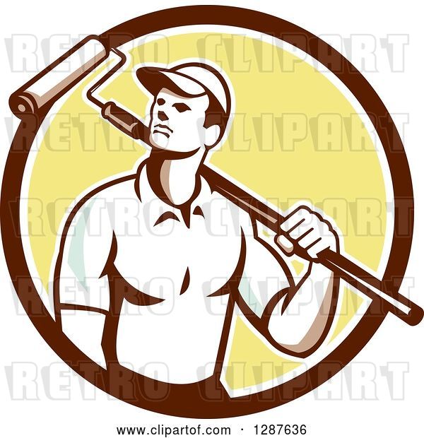 Vector Clip Art of Retro Male House Painter with a Roller Brush over His Shoulder in a Brown White and Yellow Circle
