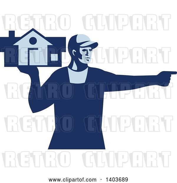 Vector Clip Art of Retro Male House Remover or Mover Holding a Home and Pointing, in Blue Tones