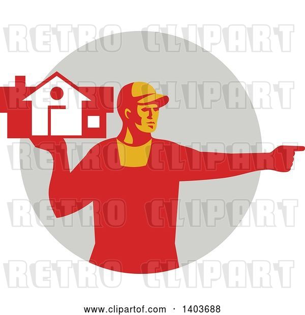 Vector Clip Art of Retro Male House Remover or Mover Holding a Home and Pointing, in Red Tones over a Gray Circle