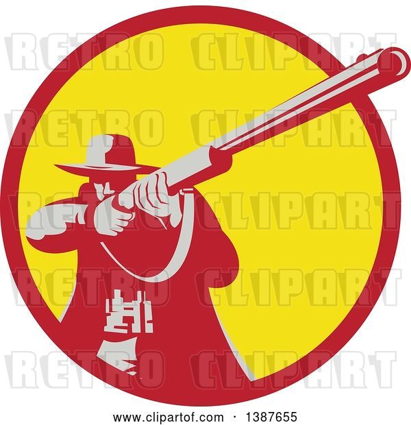 Vector Clip Art of Retro Male Hunter Aiming a Shotgun in a Red and Yellow Circle