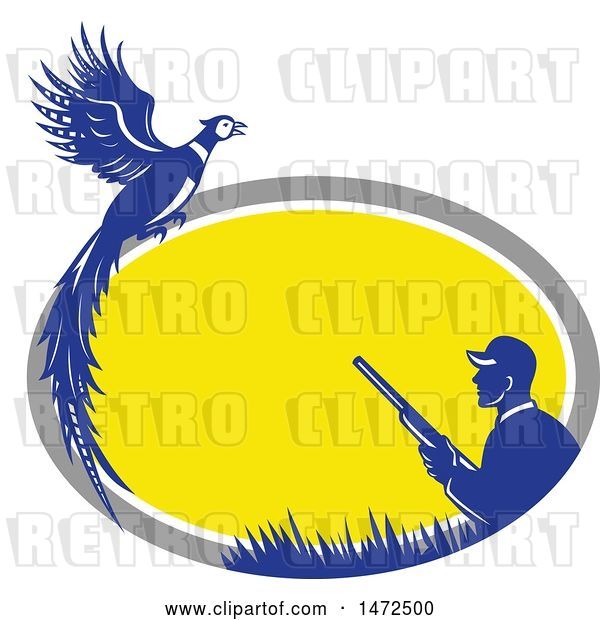 Vector Clip Art of Retro Male Hunter and Pheasant in a Gray White Yellow and Blue Oval Frame