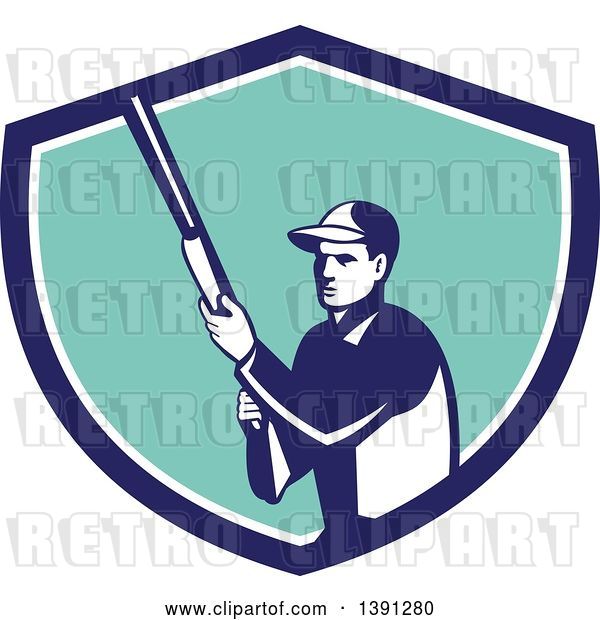 Vector Clip Art of Retro Male Hunter Holding a Shotgun in a Blue White and Turquoise Shield