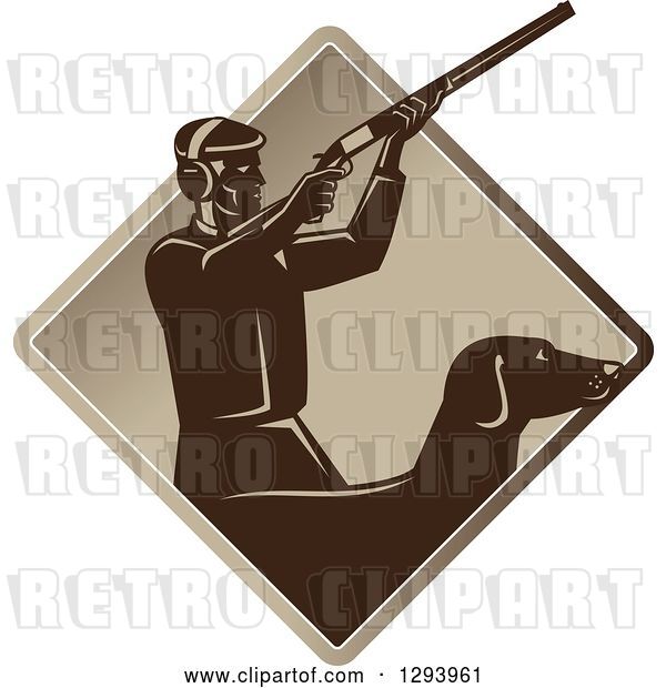 Vector Clip Art of Retro Male Hunter Shooting a Rifle and His Retriever Dog Emerging from a Brown Diamond