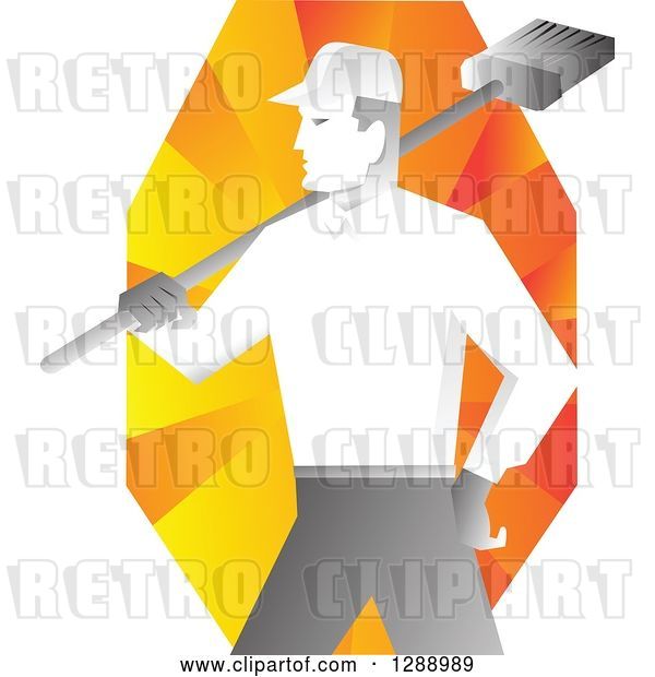 Vector Clip Art of Retro Male Janitor Holding a Broom over His Shoulder over Orange Rays