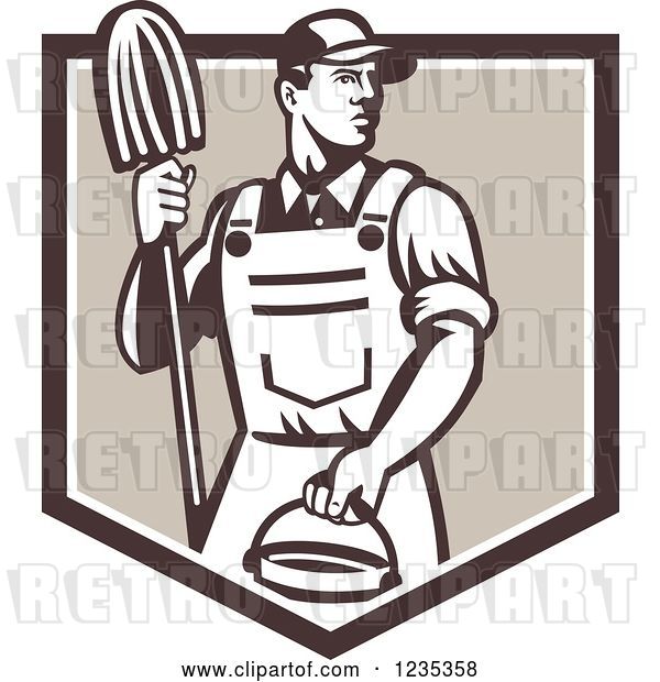 Vector Clip Art of Retro Male Janitor Holding a Mop and Bucket over a Brown Shield