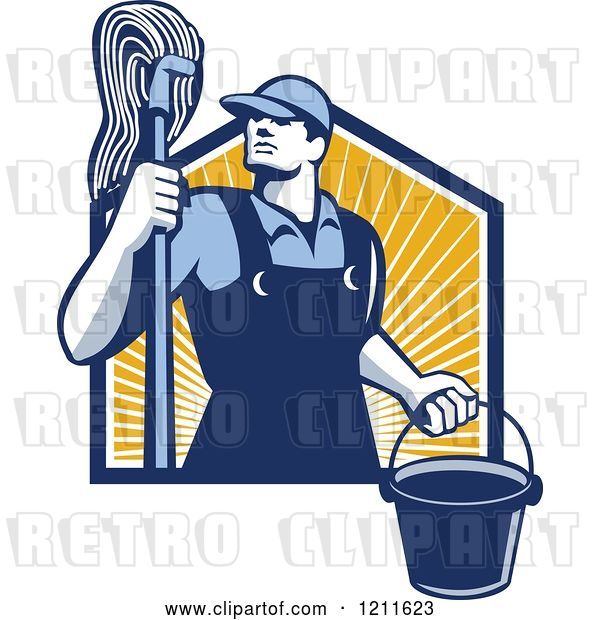 Vector Clip Art of Retro Male Janitor Holding a Mop and Bucket over Sunshine