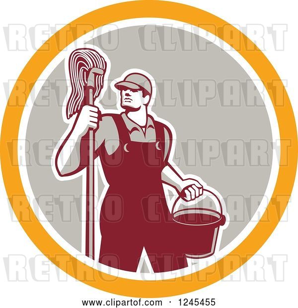 Vector Clip Art of Retro Male Janitor with a Mop and Bucket in a Circle