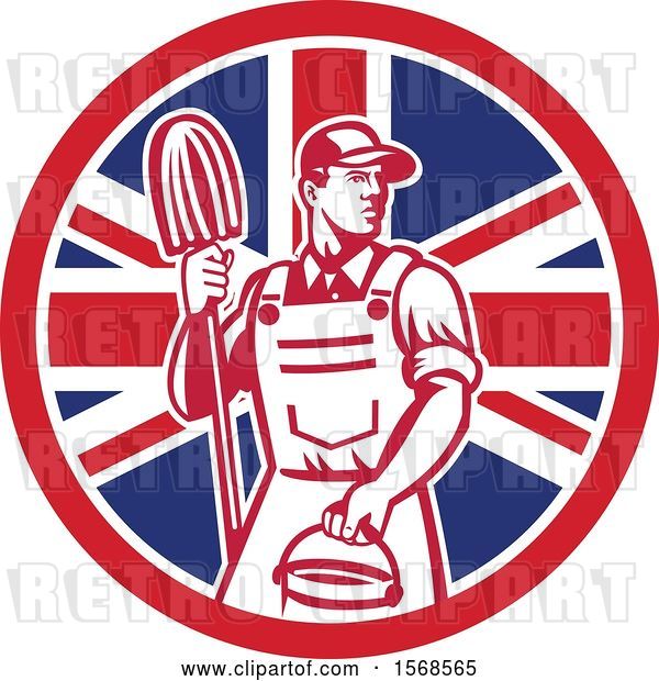 Vector Clip Art of Retro Male Janitor with a Mop and Bucket in a Union Jack Flag Circle