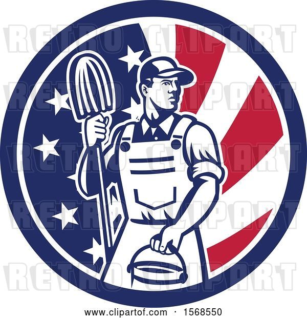 Vector Clip Art of Retro Male Janitor with a Mop and Bucket in an American Flag Circle