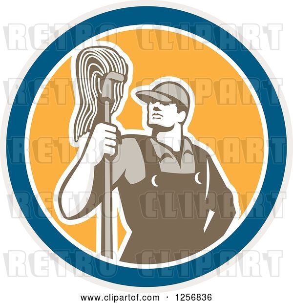 Vector Clip Art of Retro Male Janitor with a Mop in a Blue White and Yellow Circle