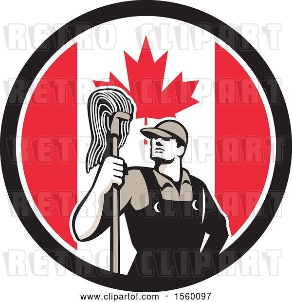 Vector Clip Art of Retro Male Janitor with a Mop in a Canadian Flag Circle