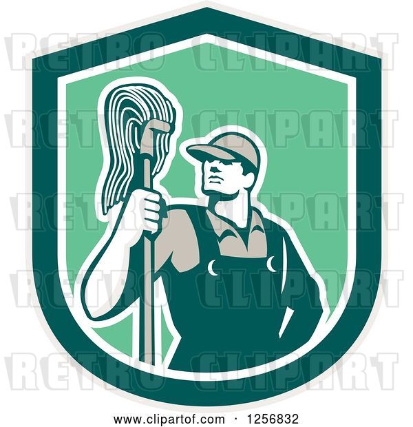Vector Clip Art of Retro Male Janitor with a Mop in a Green Shield
