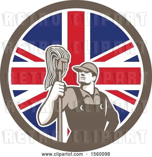 Vector Clip Art of Retro Male Janitor with a Mop in a Union Jack Flag Circle