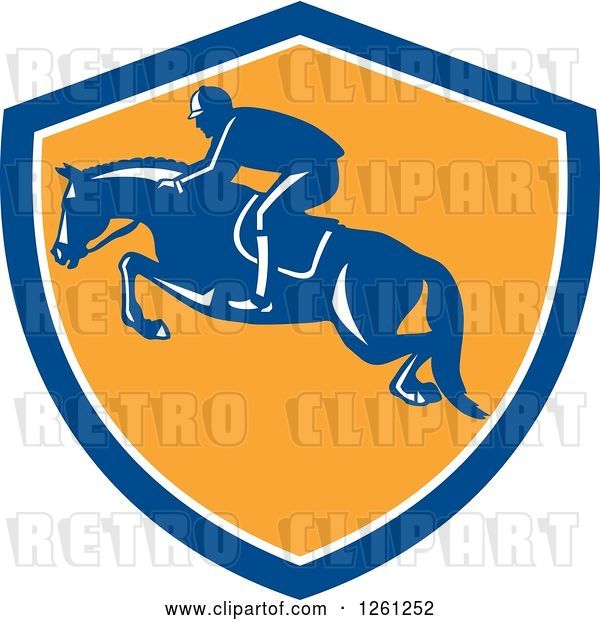 Vector Clip Art of Retro Male Jockey on a Leaping Horse in a Blue White and Yellow Shield
