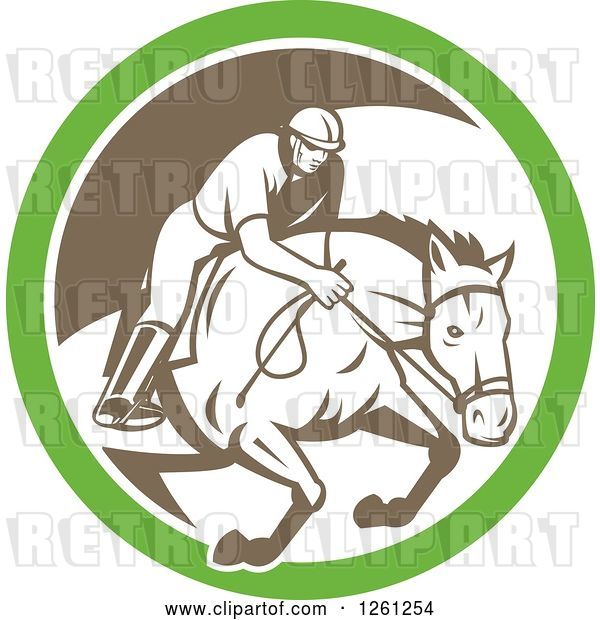 Vector Clip Art of Retro Male Jockey on a Leaping Horse in a Green White and Brown Circle