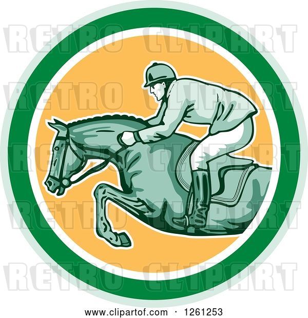 Vector Clip Art of Retro Male Jockey on a Leaping Horse in a Green White and Yellow Circle