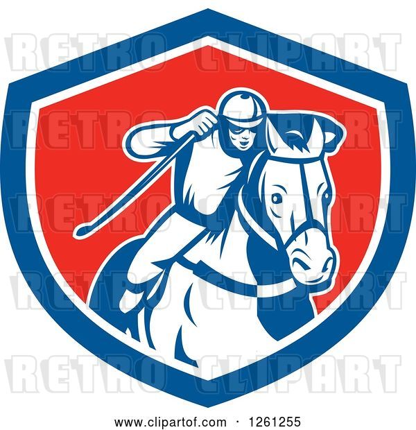 Vector Clip Art of Retro Male Jockey Racing a Horse in a Blue White and Red Shield