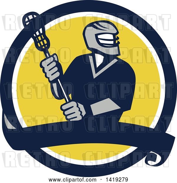 Vector Clip Art of Retro Male Lacrosse Player in a Blue White and Yellow Circle with a Banner