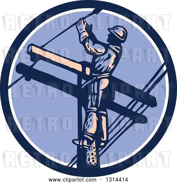 Vector Clip Art of Retro Male Lineman Working on a Pole in a Blue White and Purple Circle