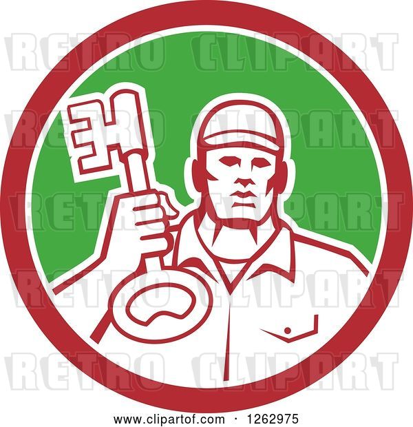 Vector Clip Art of Retro Male Locksmith Holding up a Key in a Red White and Green Circle