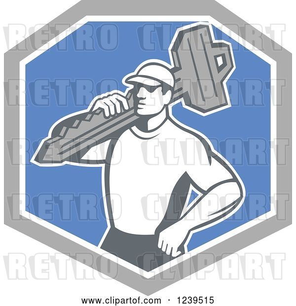 Vector Clip Art of Retro Male Locksmith with a Key in a Blue and Gray Shield