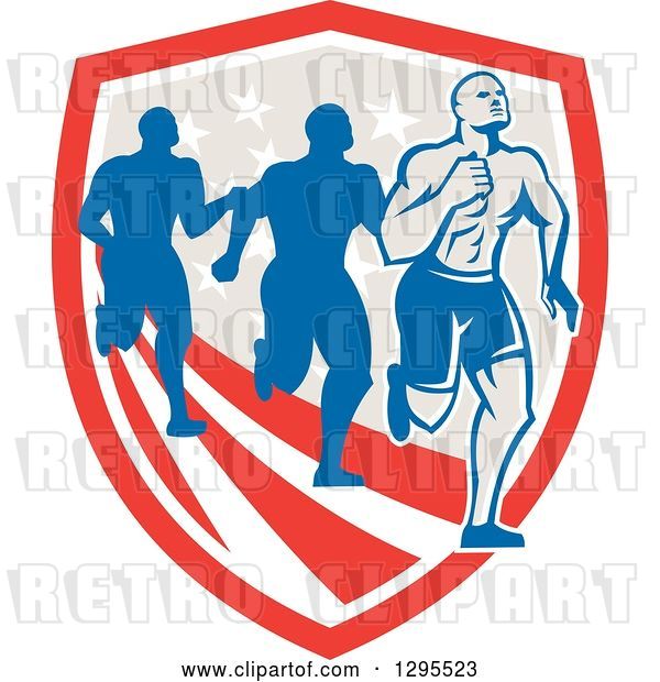 Vector Clip Art of Retro Male Marathon Runner Ahead of Others over an American Shield