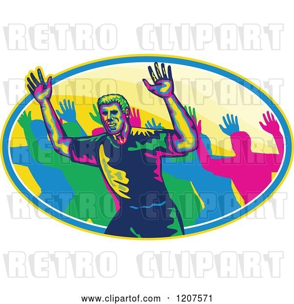 Vector Clip Art of Retro Male Marathon Runner and Crowd Holding up Hands in an Oval