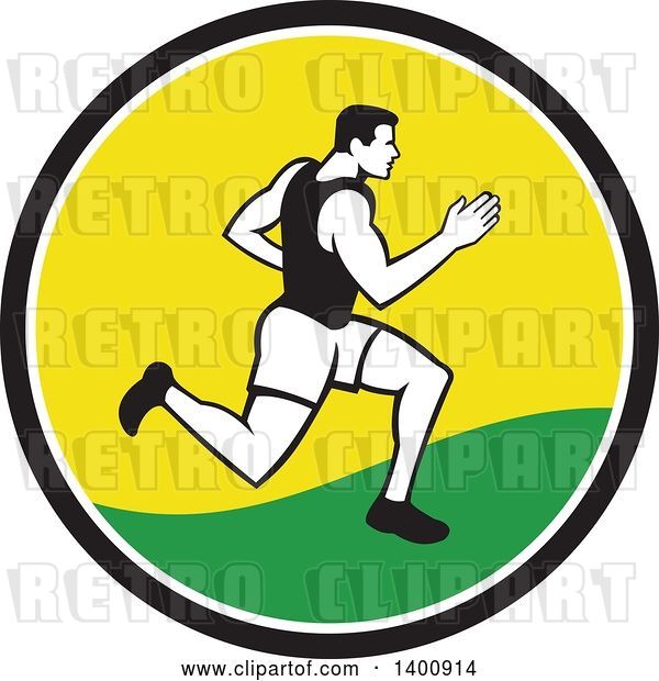 Vector Clip Art of Retro Male Marathon Runner or Sprinter in a Black White Yellow and Green Circle