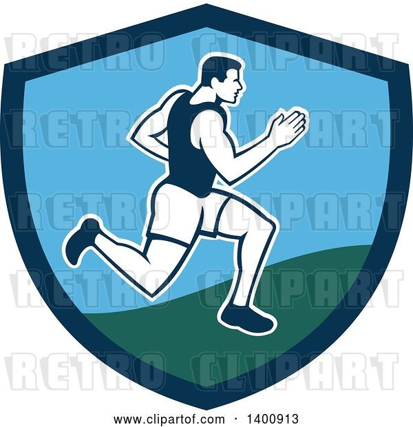 Vector Clip Art of Retro Male Marathon Runner or Sprinter in a Blue and Green Shield