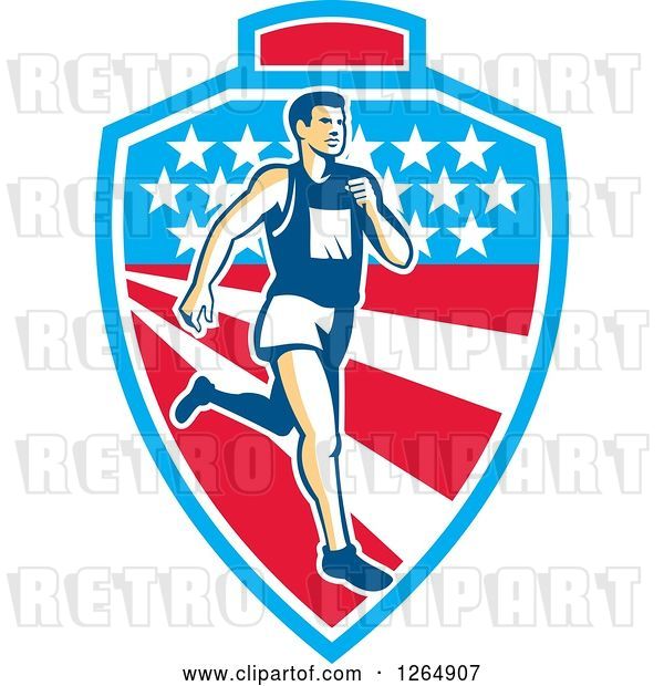 Vector Clip Art of Retro Male Marathon Runner over a Mountain American Stars and Stripes Shield