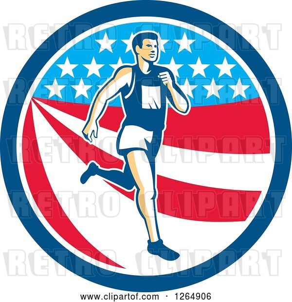 Vector Clip Art of Retro Male Marathon Runner over an American Stars and Stripes Circle