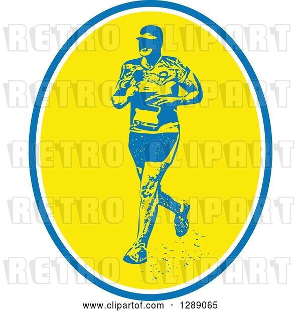 Vector Clip Art of Retro Male Marathon Runner with in a Blue White and Yellow Oval